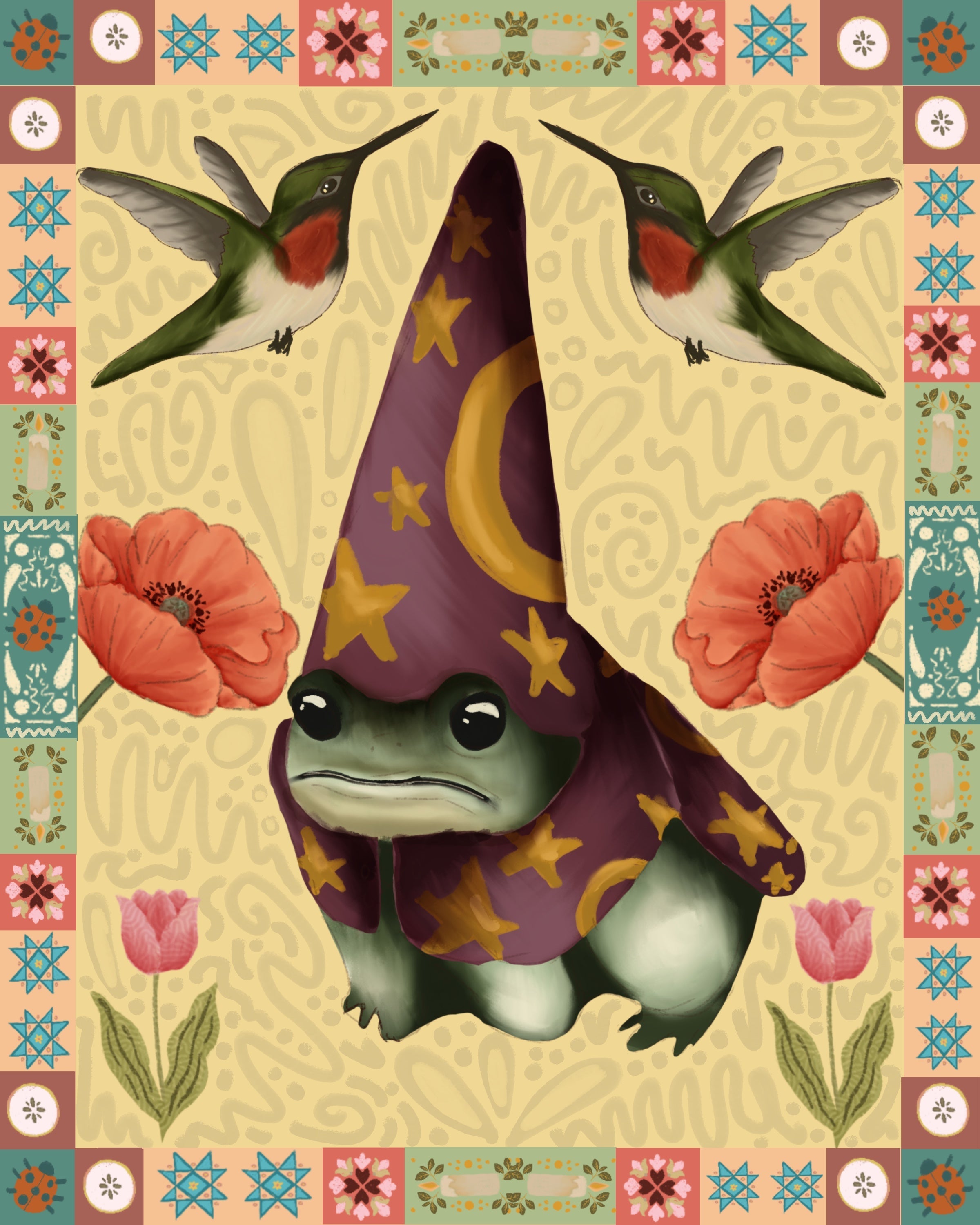Silly Wizard Frog, Hummingbird and Peony Folk Art