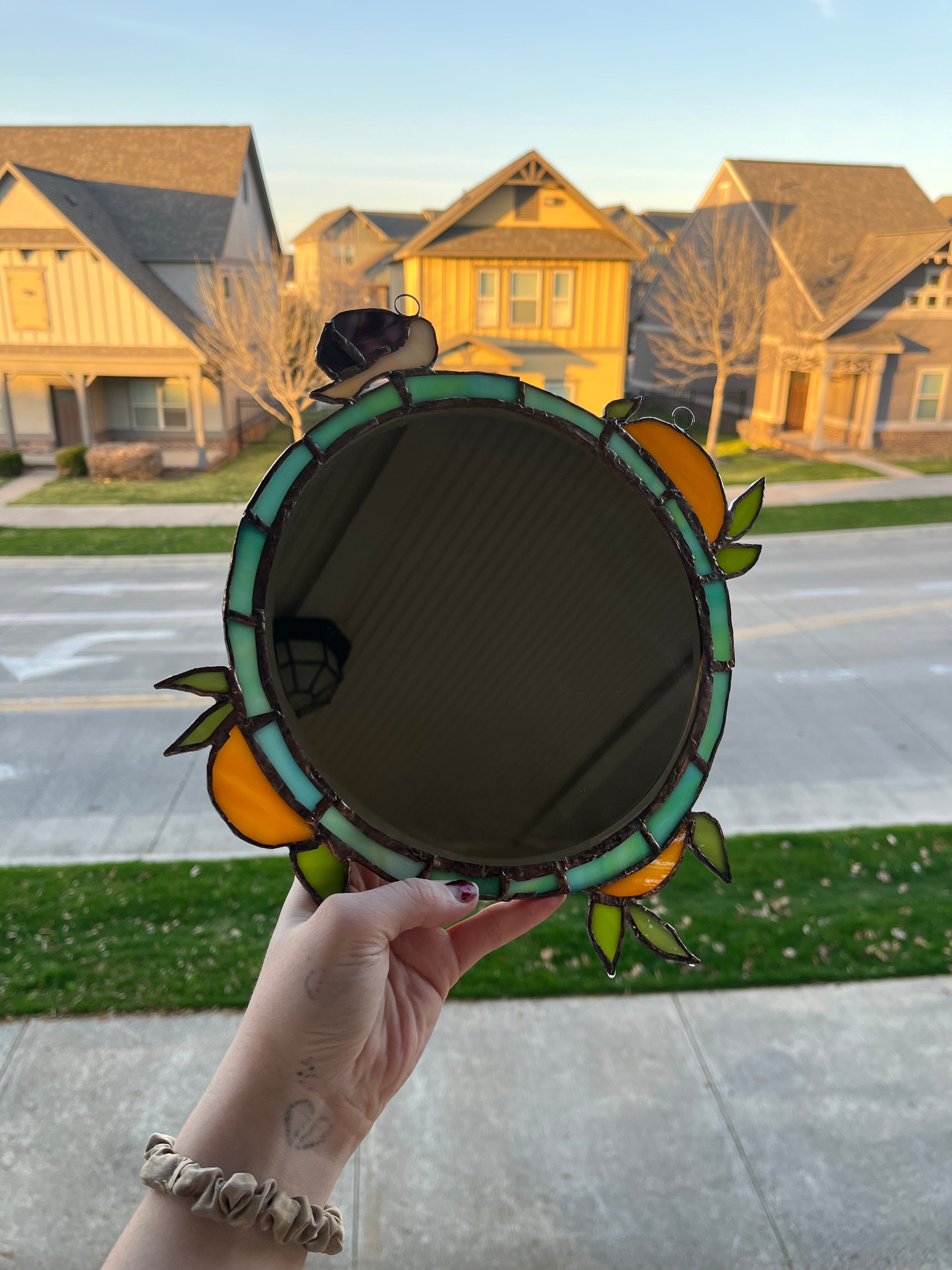 Orange and Snail Stained Glass Mirror