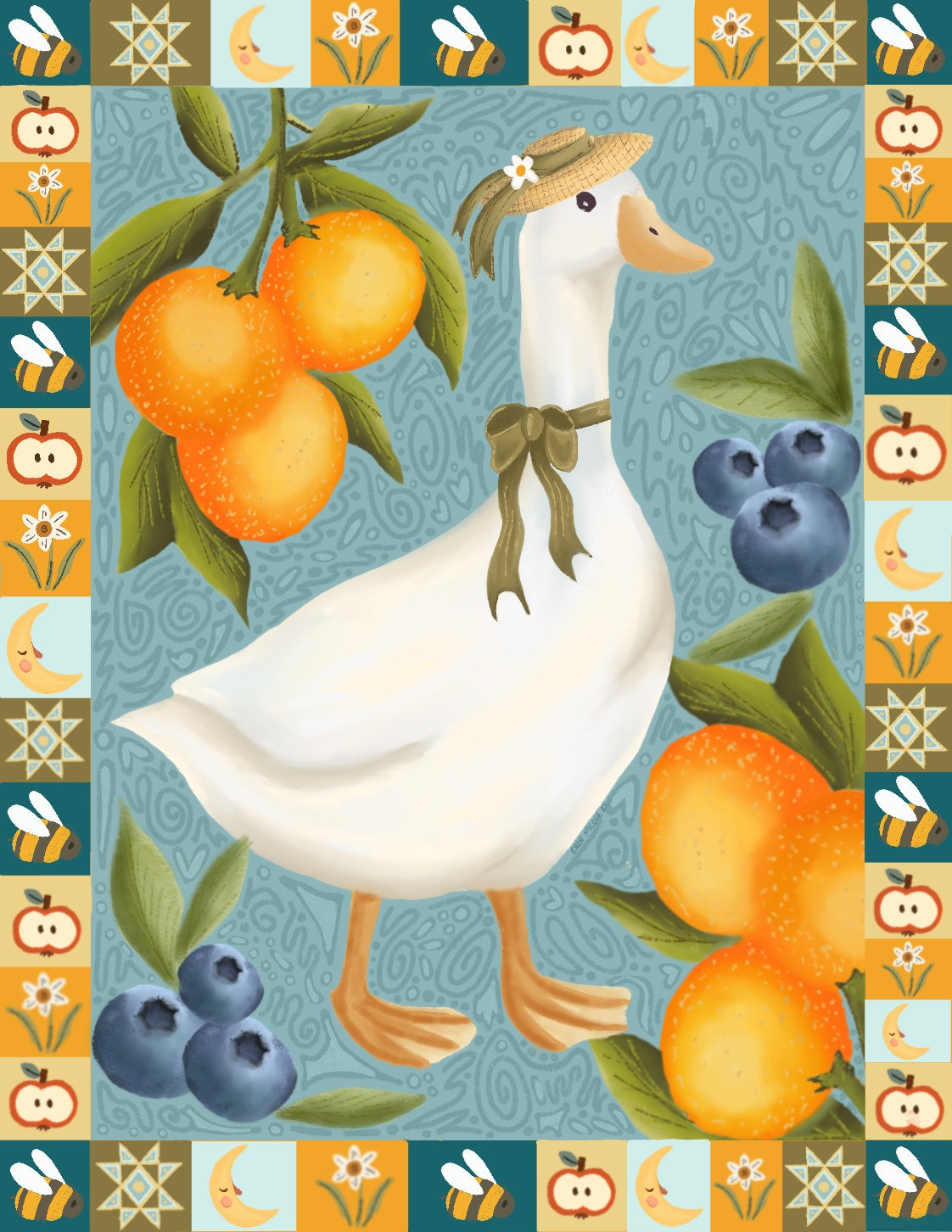Cottage Goose, Oranges and Blueberries Folk Art