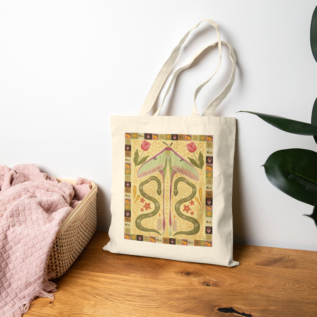 Boho Western Moth and Snake Tote Bag