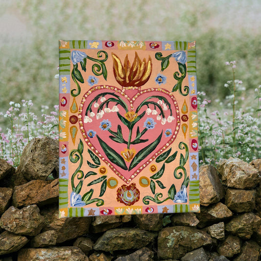 Folk Art Sacred Heart Acrylic Painting