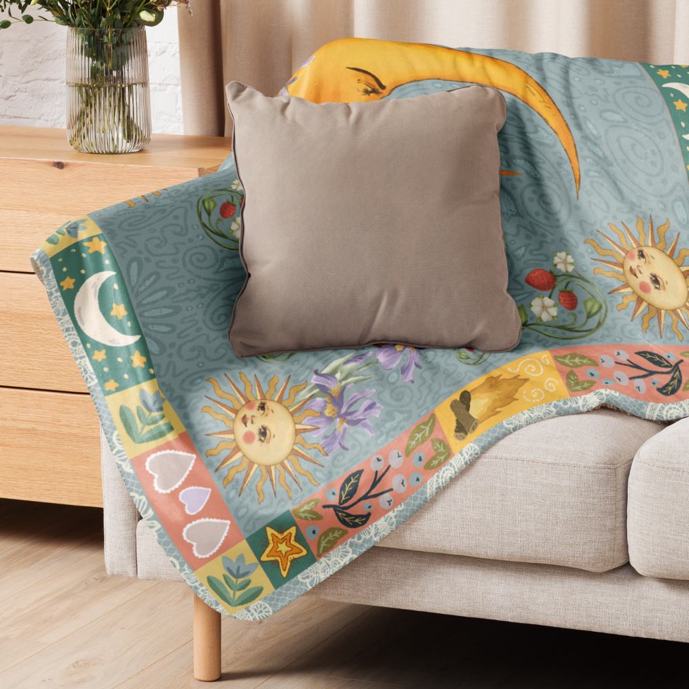 The Folk Art Moon Fleece and Sherpa Blanket