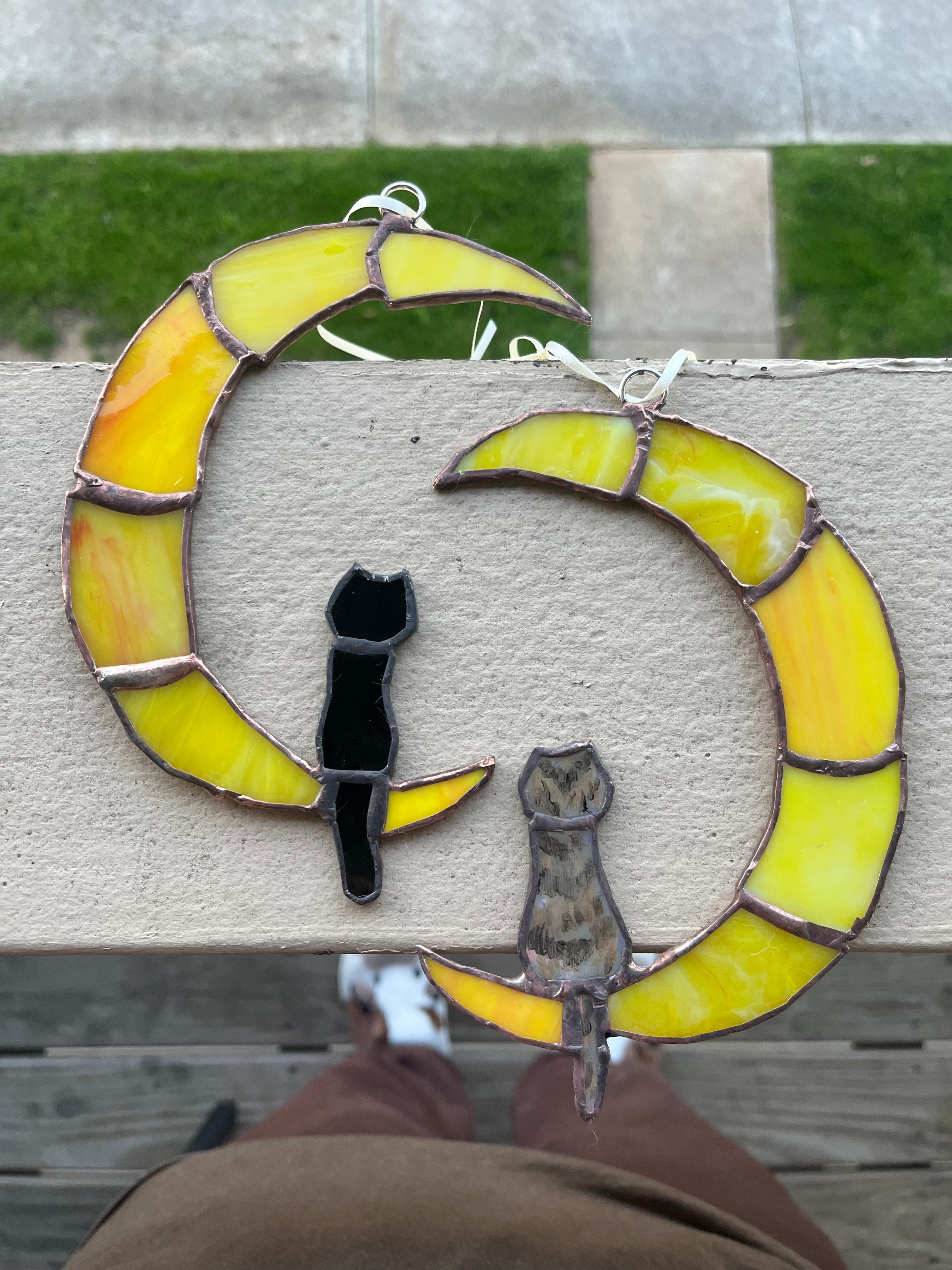 Two Moon Cats Stained Glass