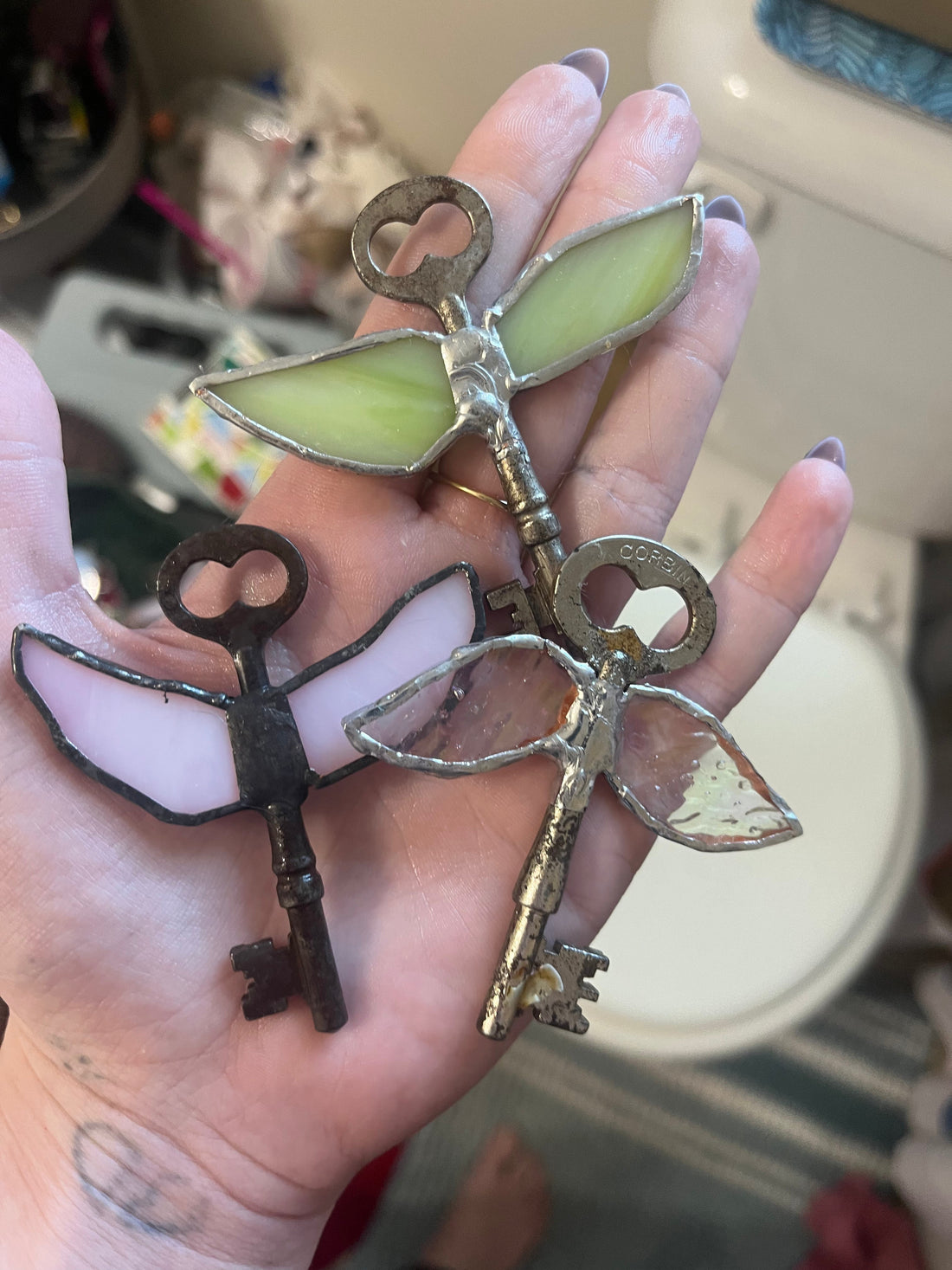 Stained Glass Winged Skeleton Keys
