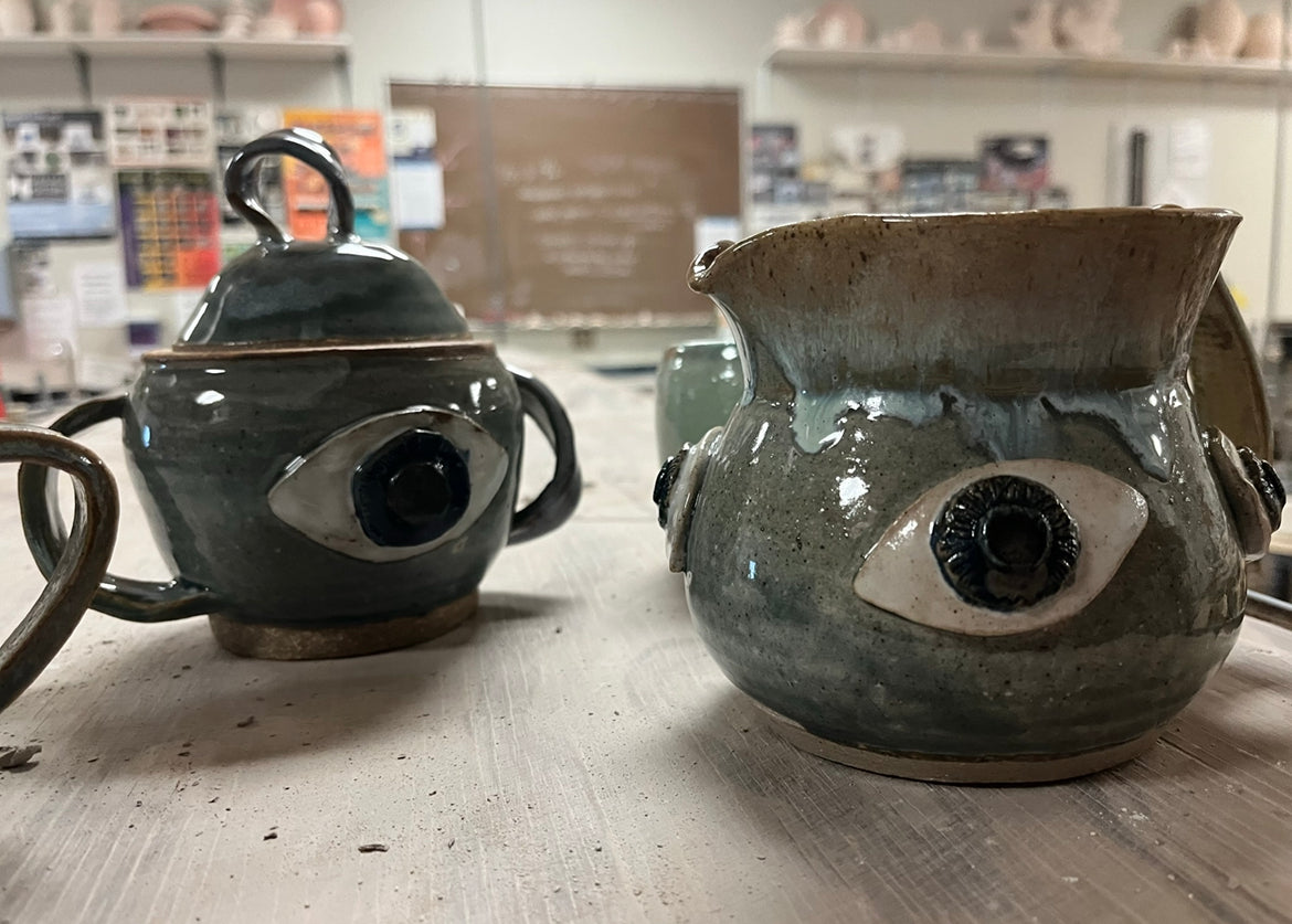 Ceramic Eye Jar and Pitcher