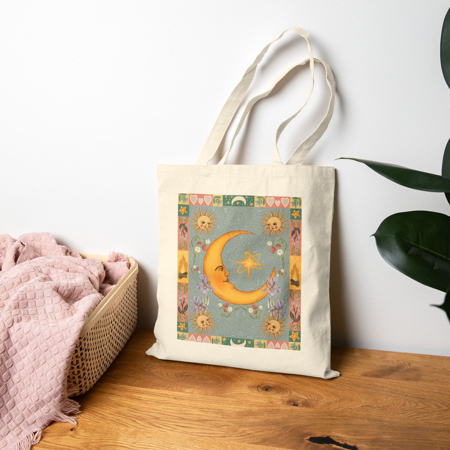 Folk Art Celestial Moon Tote Bag