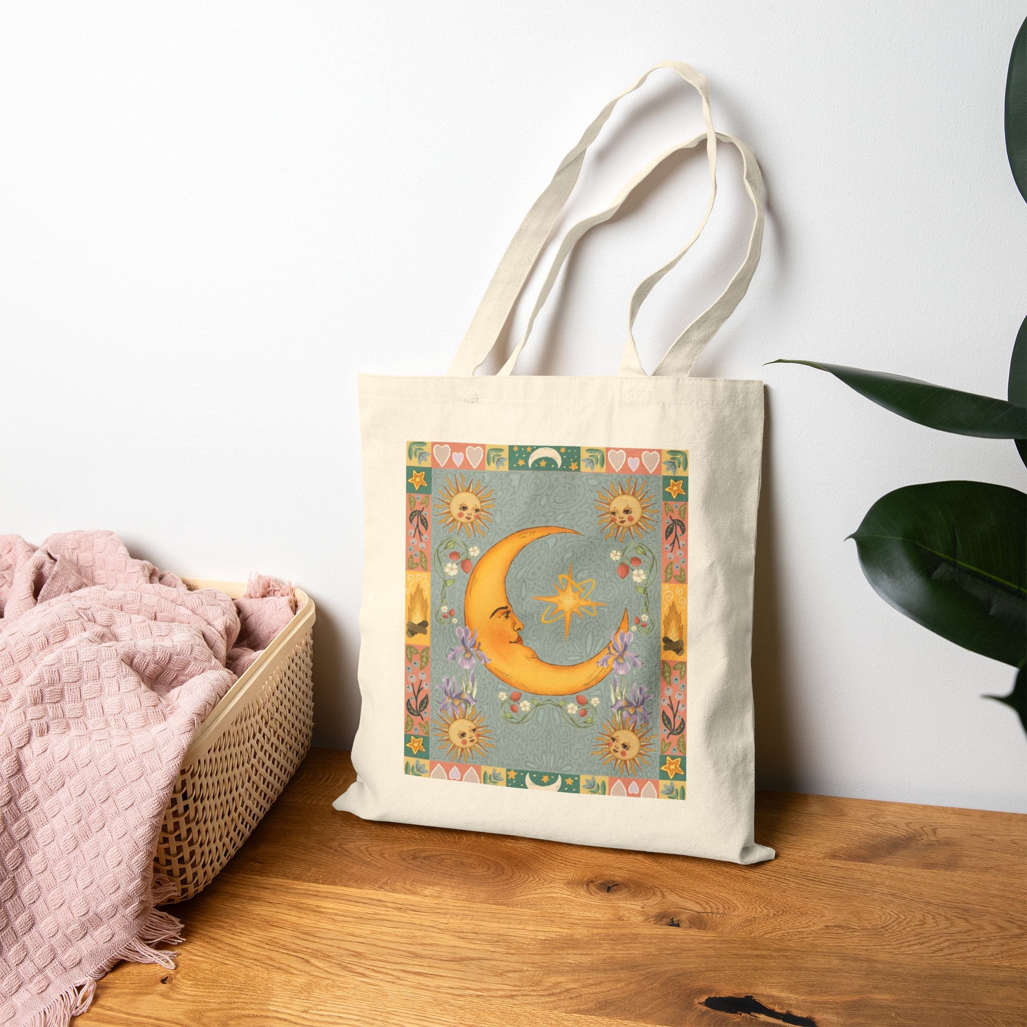 Folk Art Celestial Moon Tote Bag