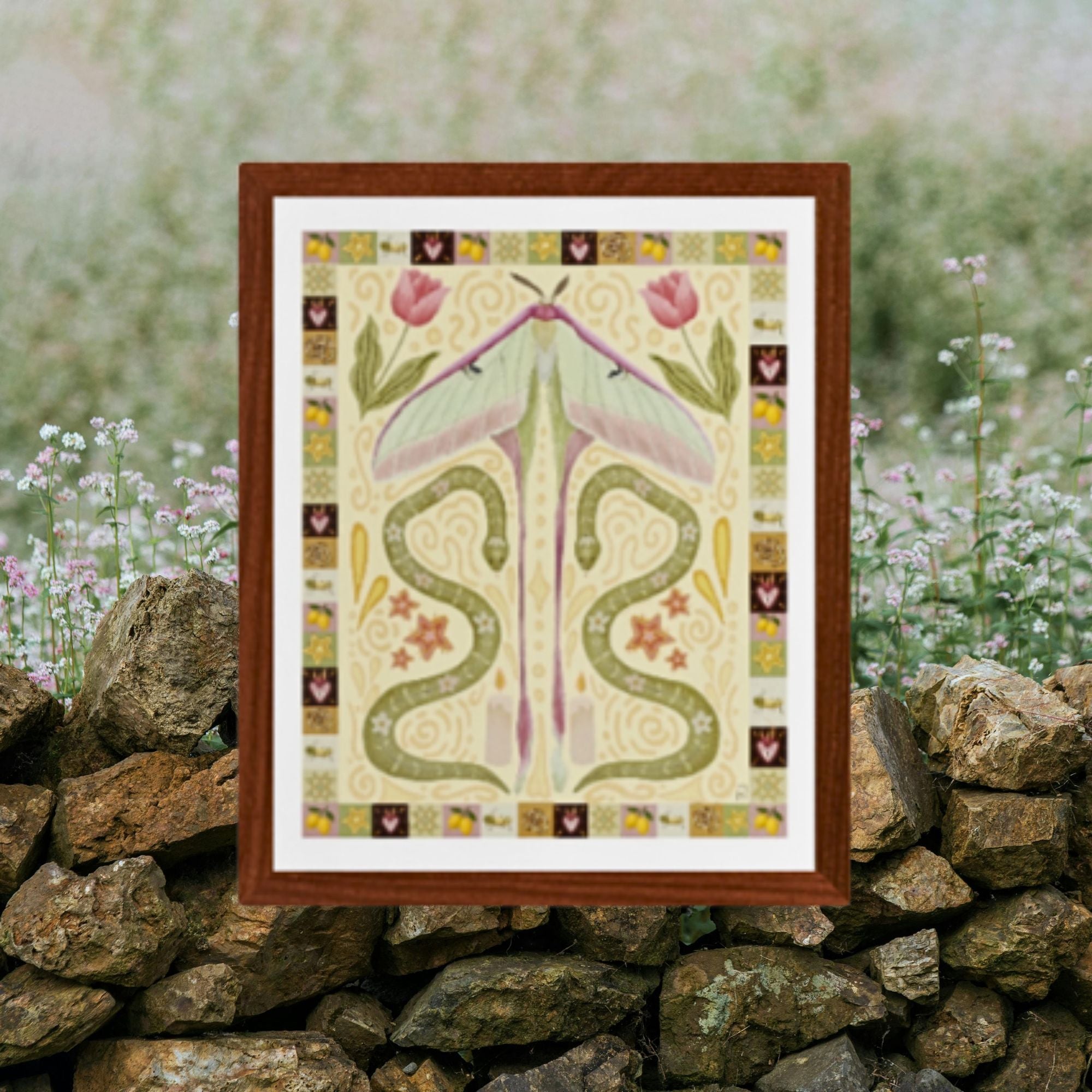 Boho Folk Art Western Moth and Snake Fine Art Print