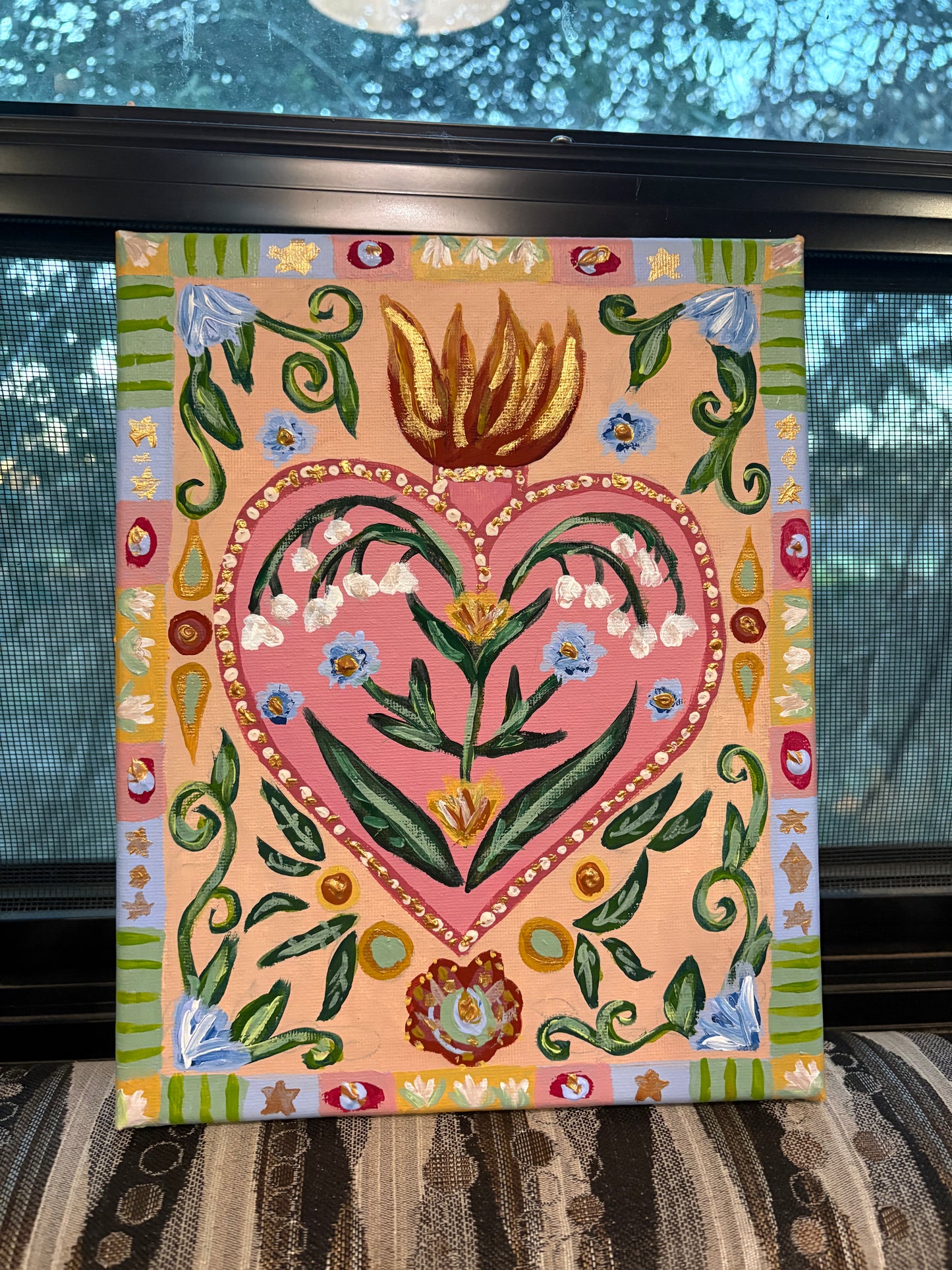 Folk Art Sacred Heart Acrylic Painting