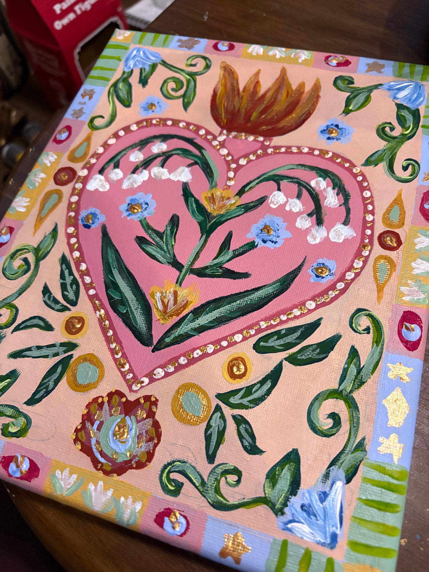 Folk Art Sacred Heart Acrylic Painting