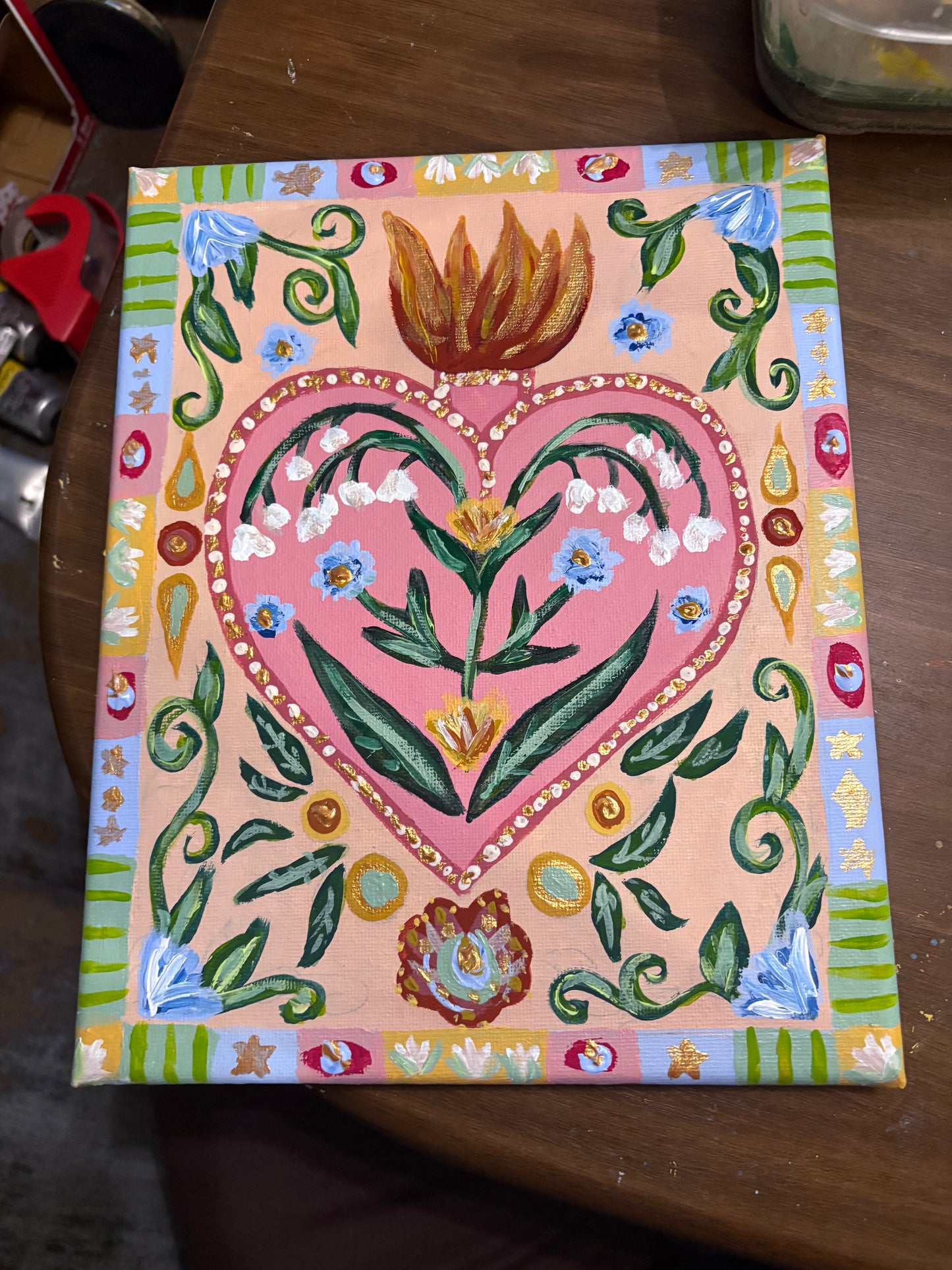 Folk Art Sacred Heart Acrylic Painting