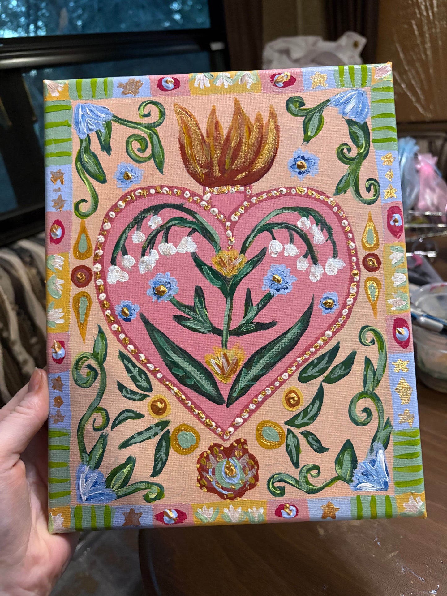 Folk Art Sacred Heart Acrylic Painting