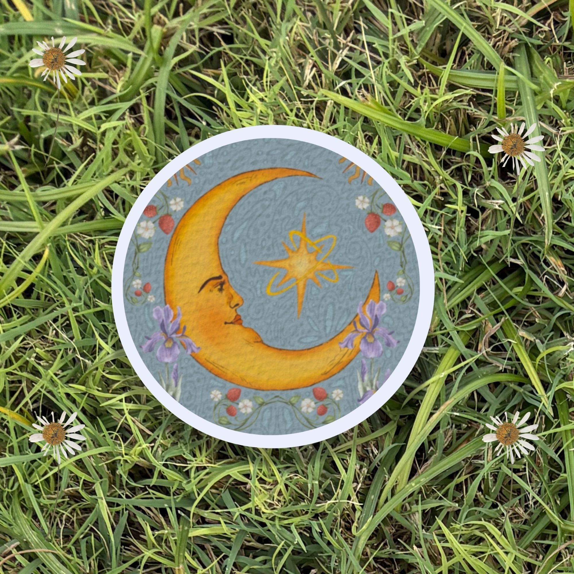 3" Round Celestial Moon and Strawberry Vinyl Sticker