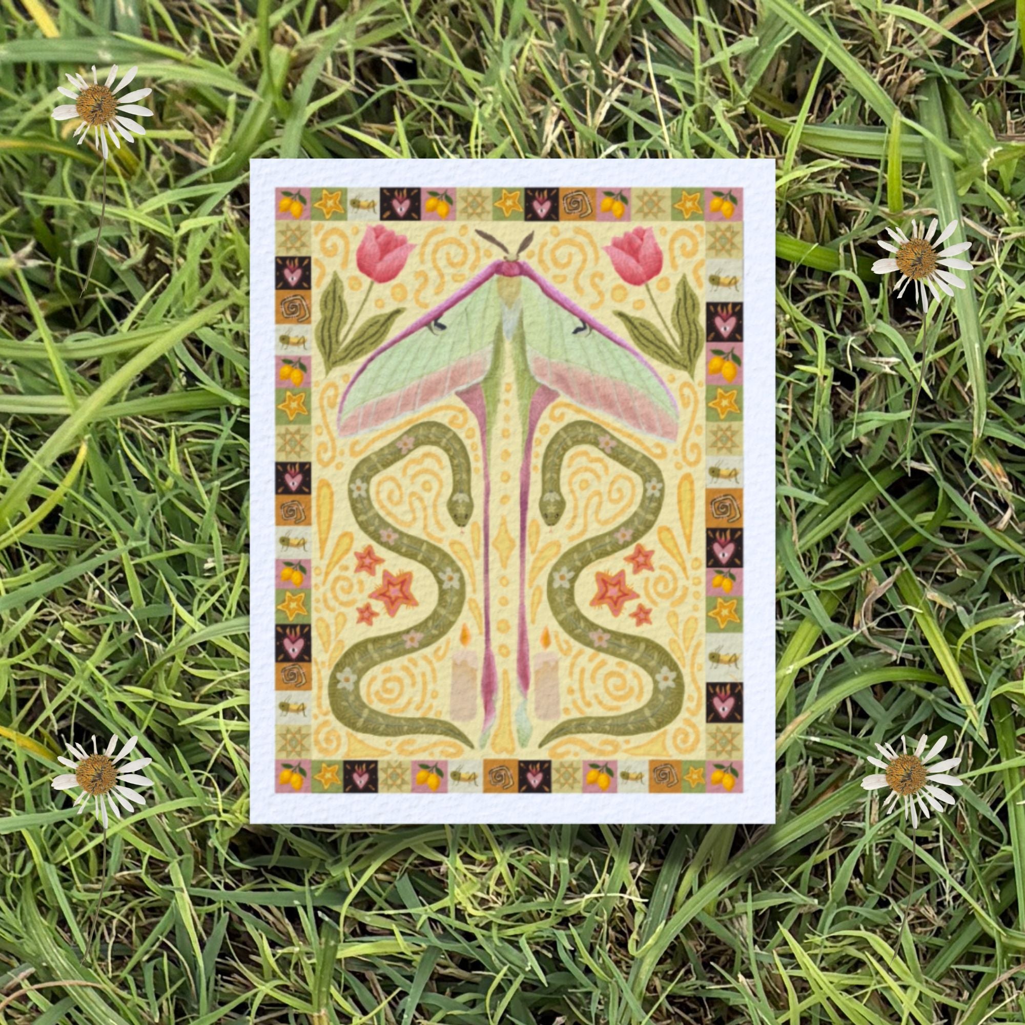 Boho Folk Art Western Moth and Snake Fine Art Print