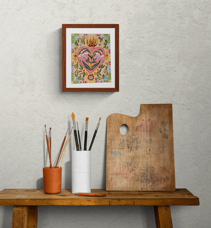 Folk Art Sacred Heart Acrylic Painting