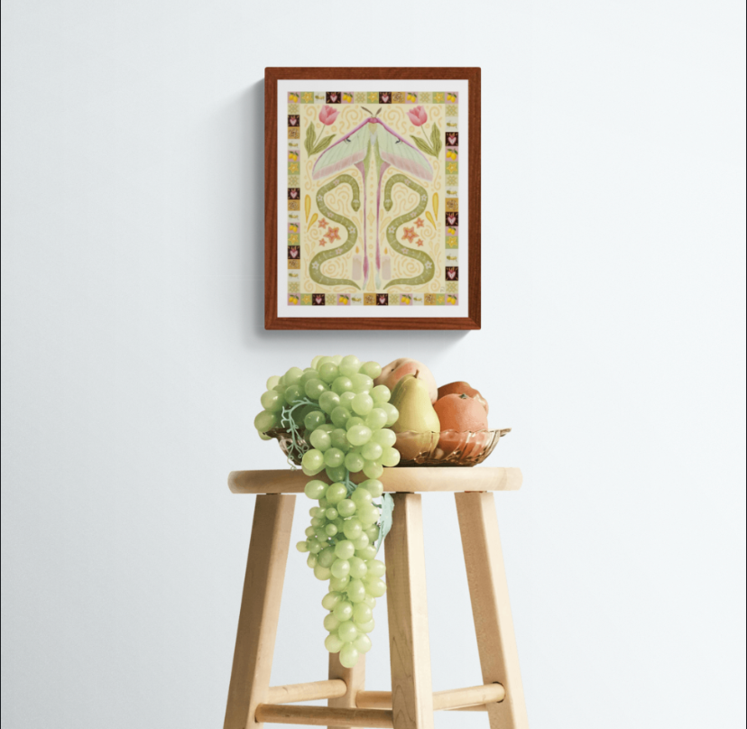 Boho Folk Art Western Moth and Snake Fine Art Print