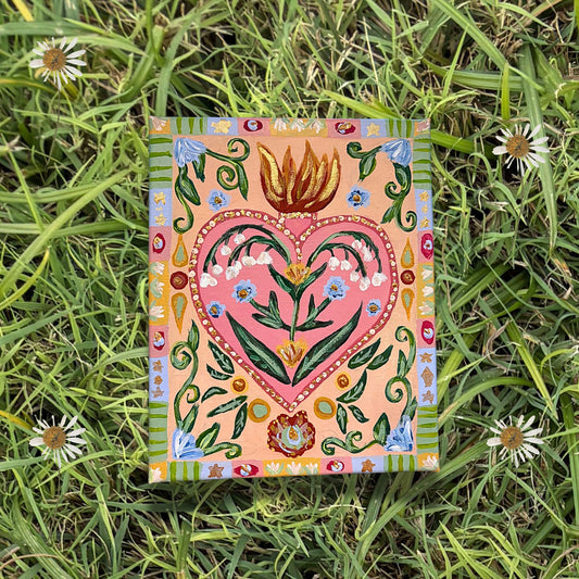 Folk Art Sacred Heart Acrylic Painting