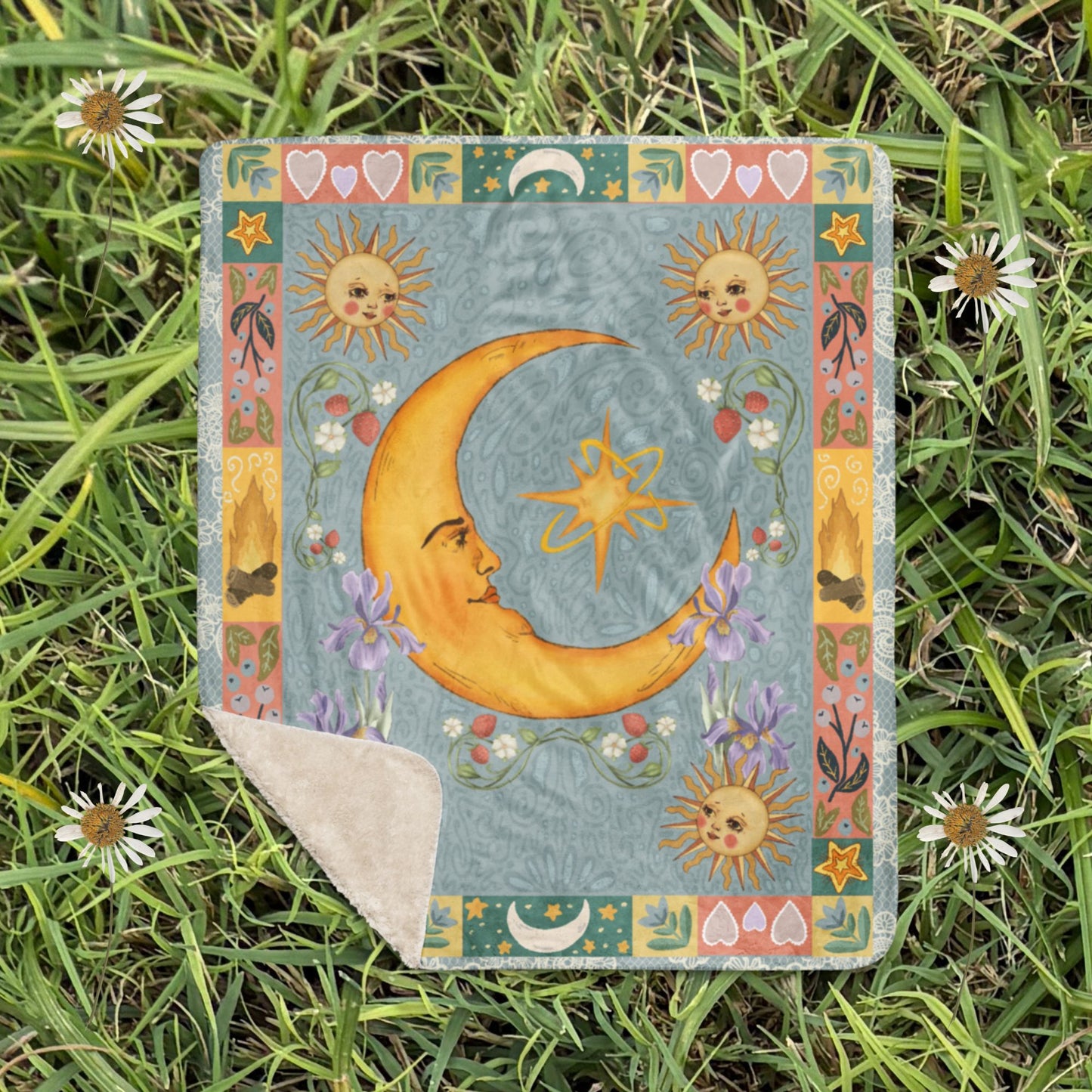 The Folk Art Moon Fleece and Sherpa Blanket